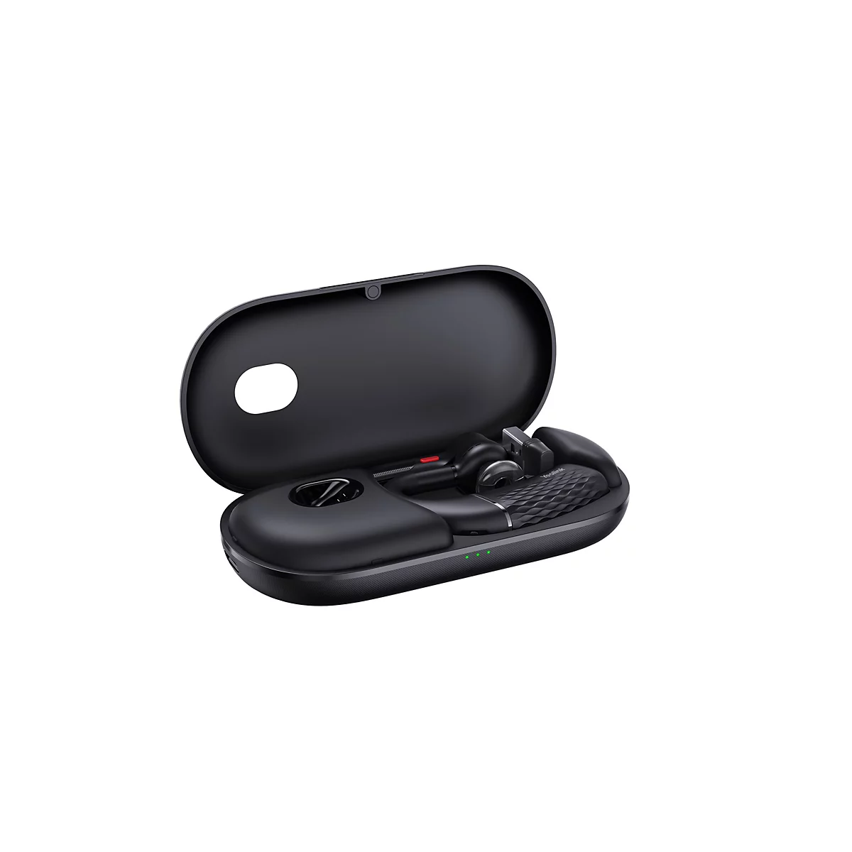 Schwarze Yealink Headset-Ladestation, geöffnet, mit Headset und USB-Dongle im Inneren auf weißem Hintergrund.