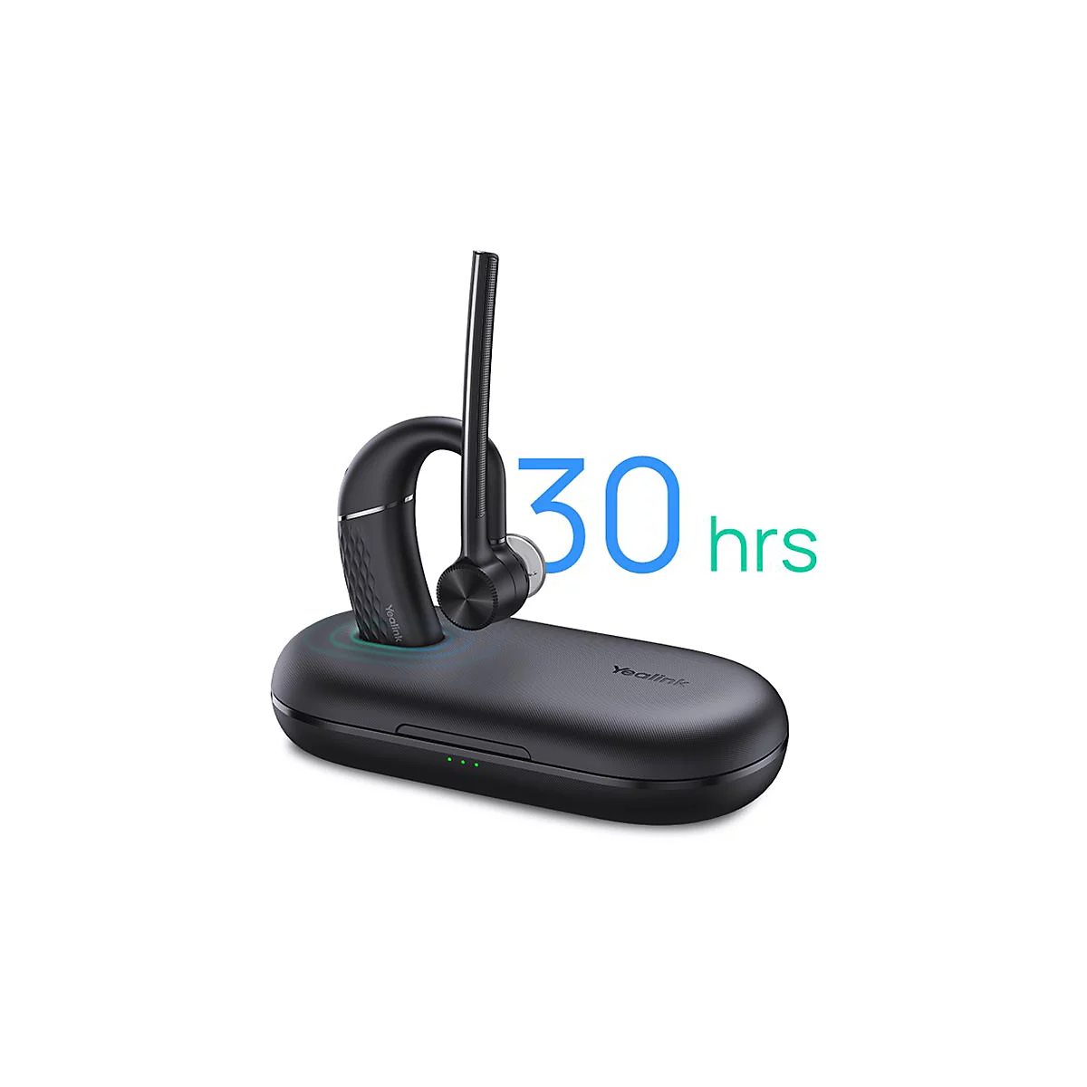 Schwarzes Bluetooth-Headset mit Ladeschale, daneben die Aufschrift "30 hrs".