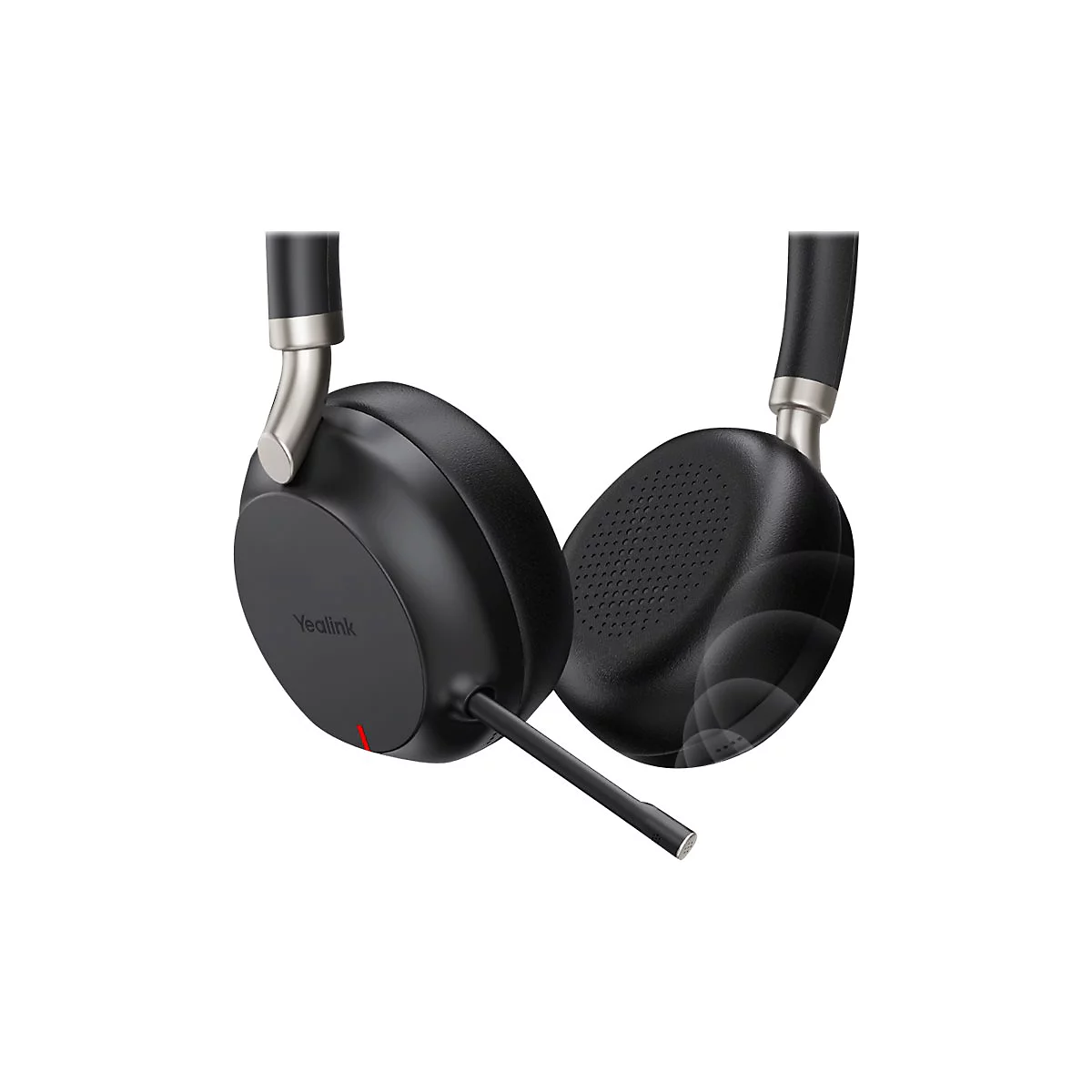 Schwarzes Headset mit BÃ¼gel, Mikrofon, Metallakzenten. Logo 'Yealink'.