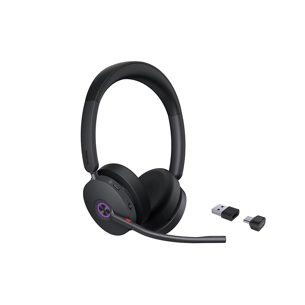 Schwarzes kabelloses Yealink Headset mit Mikrofonarm, leuchtendem Ring und zwei USB-Adaptern vor weißem Hintergrund.