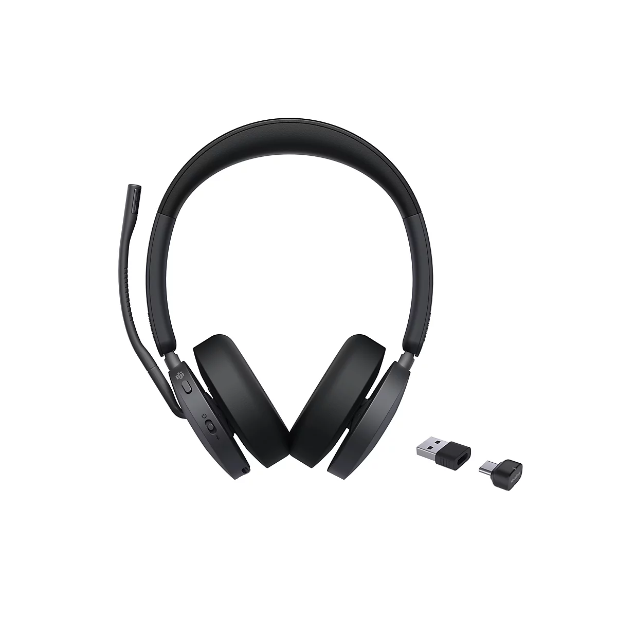 Schwarzes kabelloses Headset mit Mikrofonarm und zwei USB-Adaptern vor weißem Hintergrund.