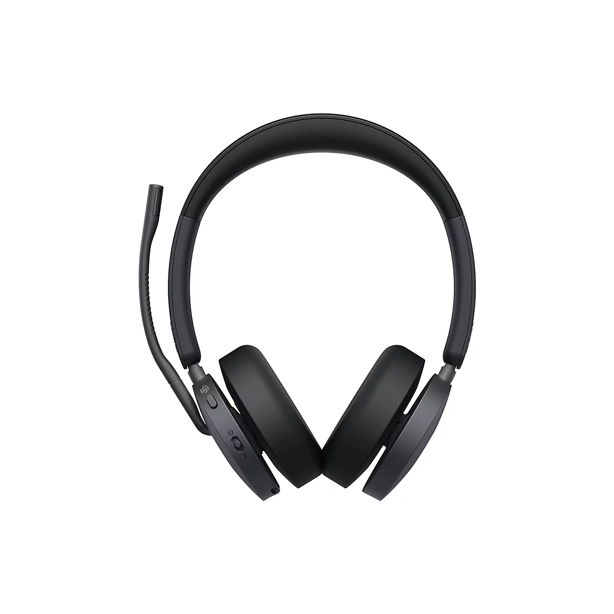 Schwarze Over-Ear-Kopfhörer mit ausklappbarem Mikrofonarm auf weißem Hintergrund.