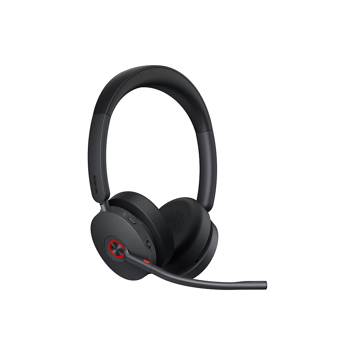 Schwarzes Headset mit Mikrofon auf weißem Hintergrund. Runde Ohrmuscheln, verstellbarer Bügel, Bedienelemente und roter Akzent.