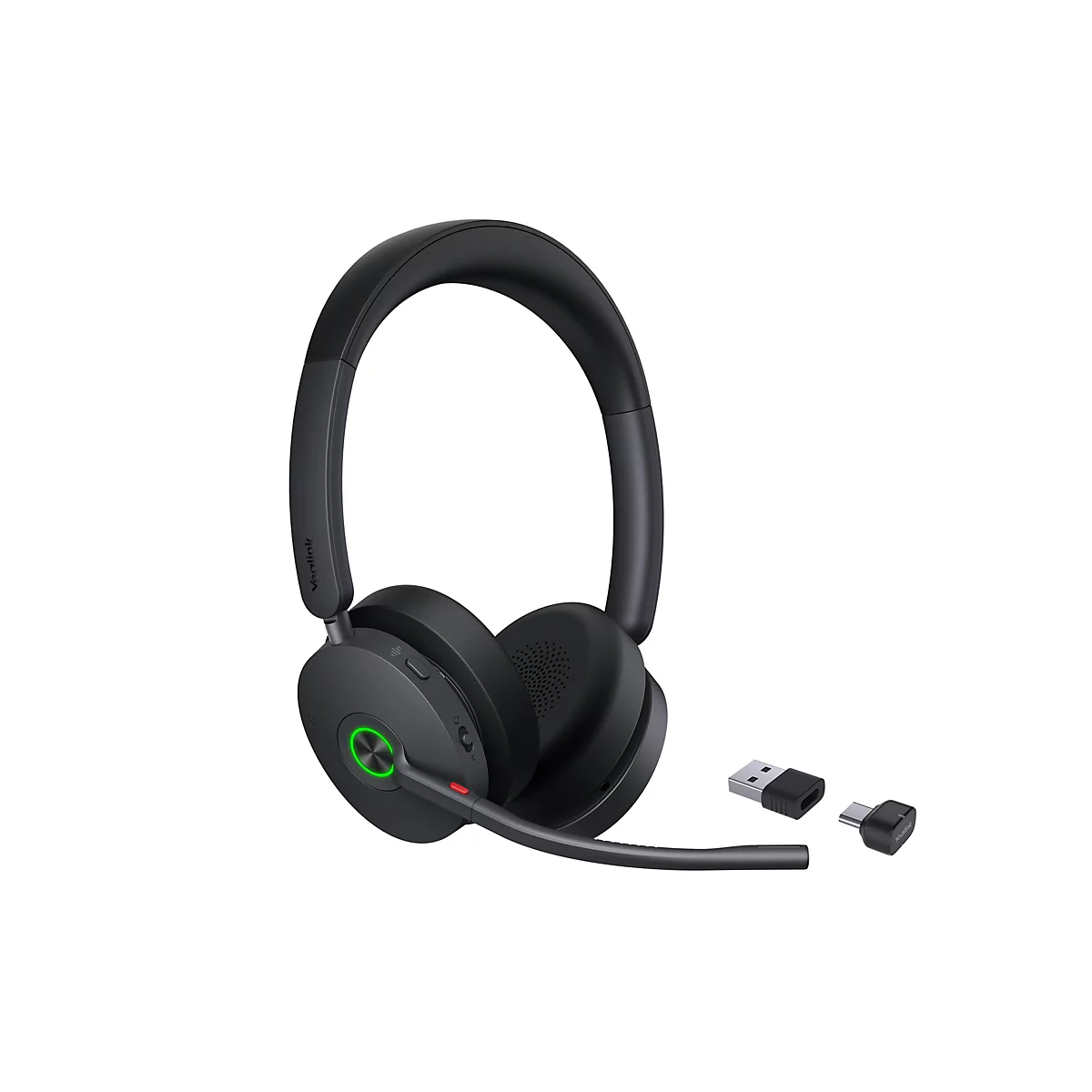 Schwarzes drahtloses Headset mit Mikrofon und USB-Adaptern. Auf der Ohrmuschel befindet sich ein grüner Lichtring.