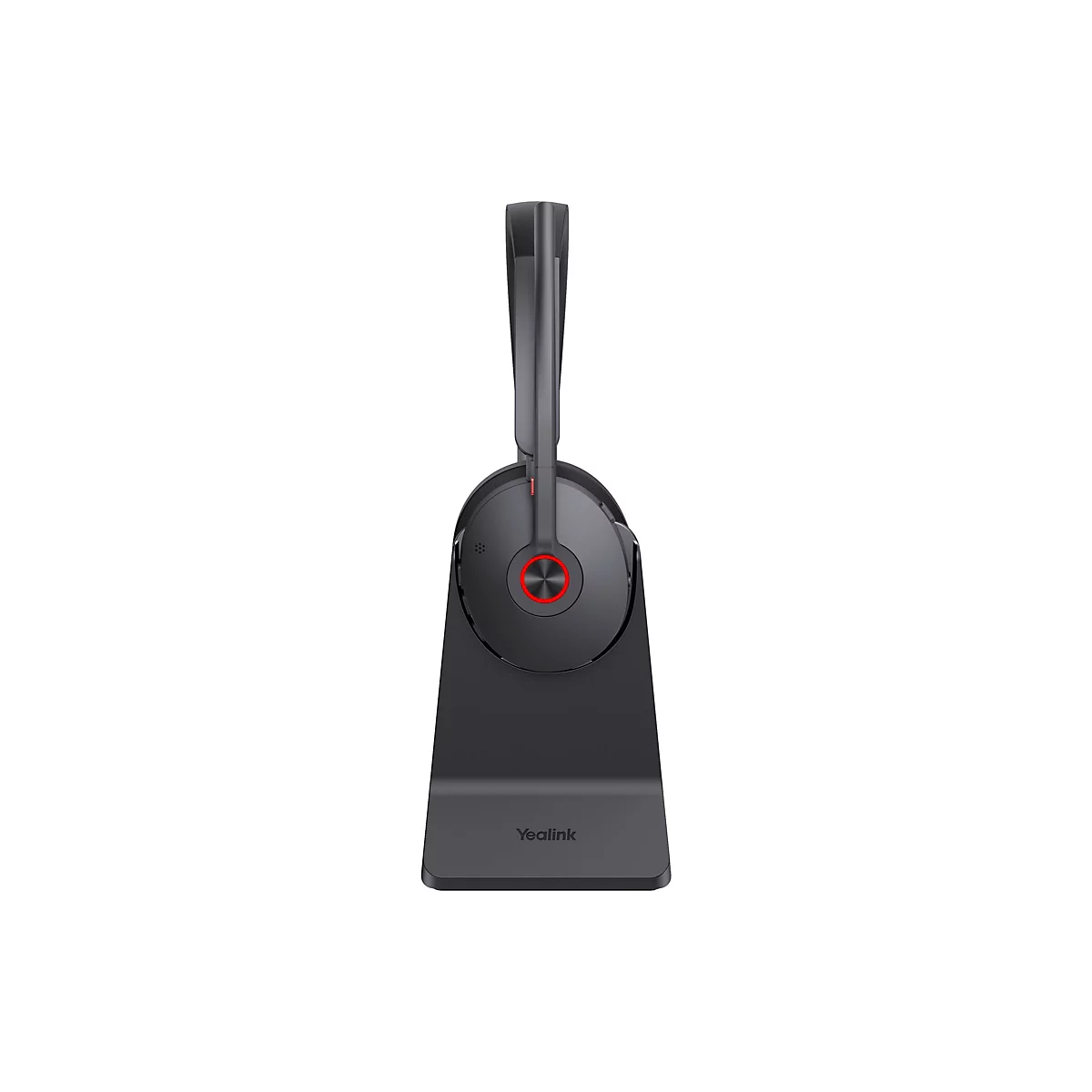 Draufsicht auf ein schnurloses Headset mit Ladestation, graues Plastik, roter Knopf.