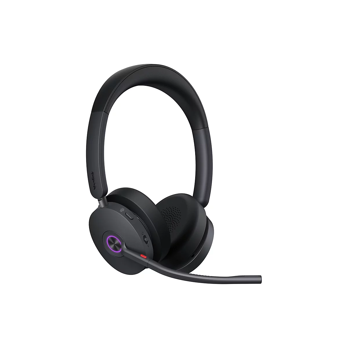 Drahtloses, schwarzes Headset mit Mikrofon, einem Bügel, zwei Ohrmuscheln und Bedienknöpfen; freigestellt auf weißem Hintergrund.