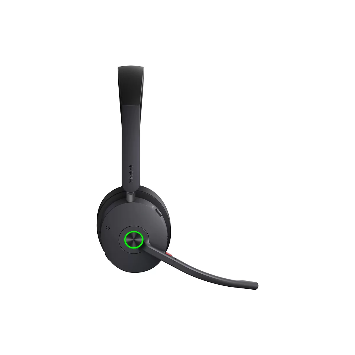 Drahtloses Headset in Grau. Mit Mikrofon, gr
em Knopf und dem Schriftzug Yealink.
