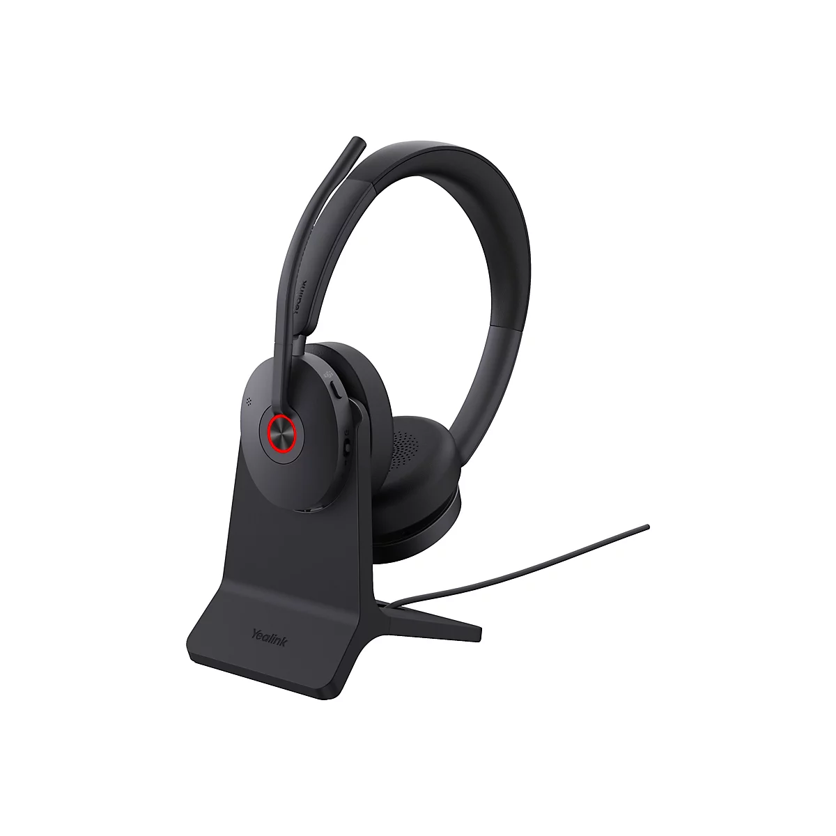 Schwarzes Yealink Headset auf einer Ladestation, mit rotem LED-Ring am Gehäuse.