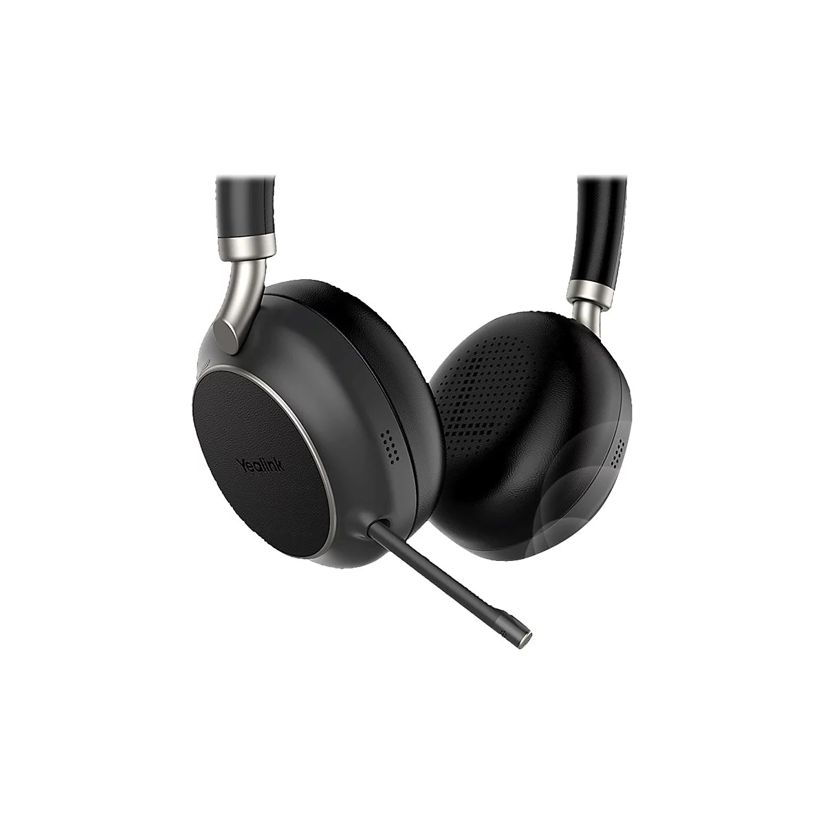 Schwarzer Over-Ear-Kopfhörer mit Mikrofon, silbernen Akzenten, Yealink Logo.