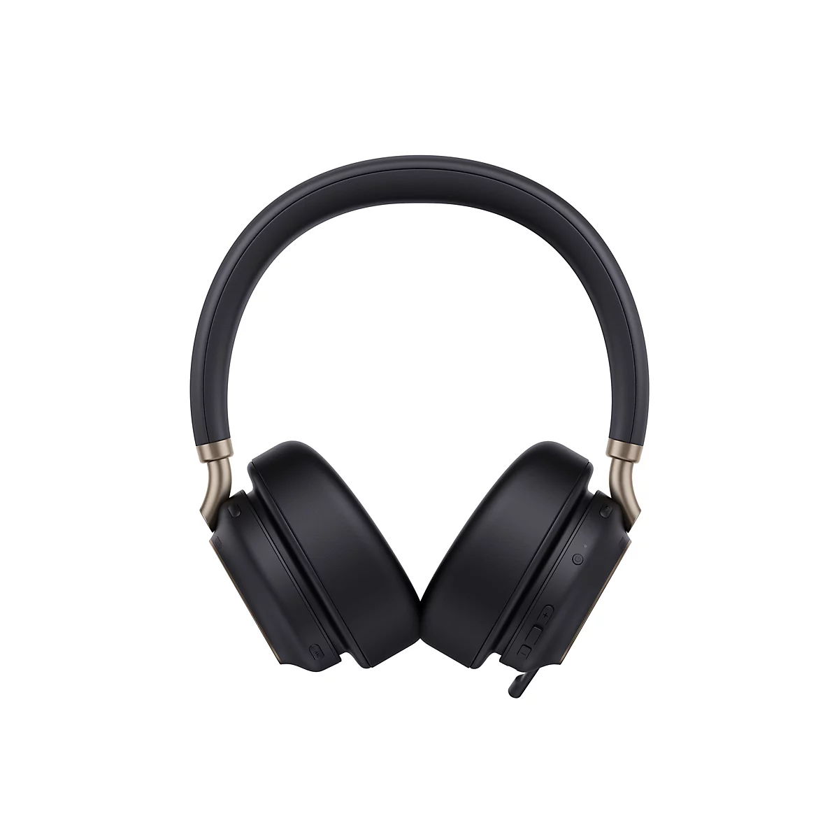 Schwarze kabellose Over-Ear-Kopfhörer mit goldenen Akzenten vor weißem Hintergrund.