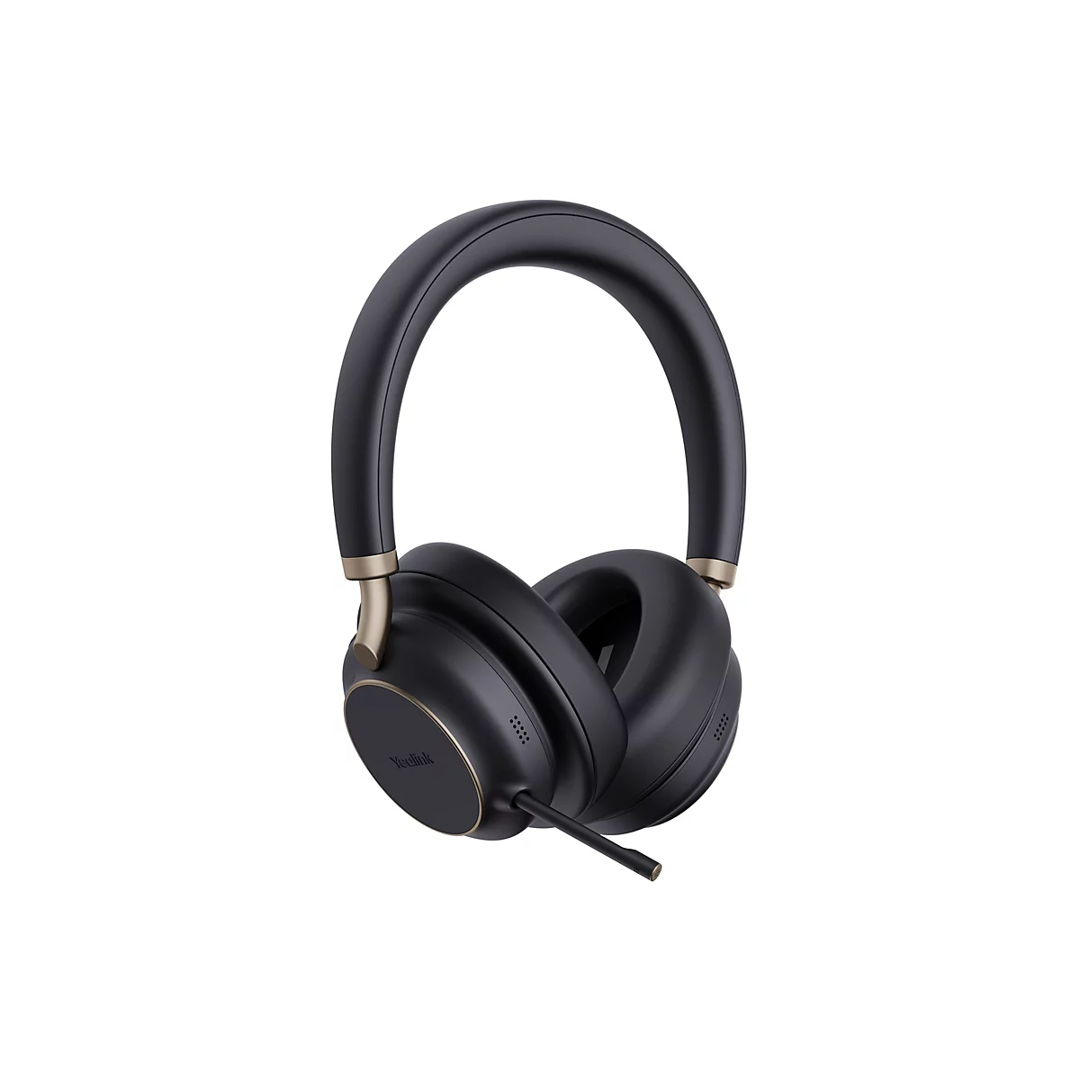 Schwarzes Yealink Headset mit goldfarbenen Akzenten und Mikrofonarm vor weißem Hintergrund.
