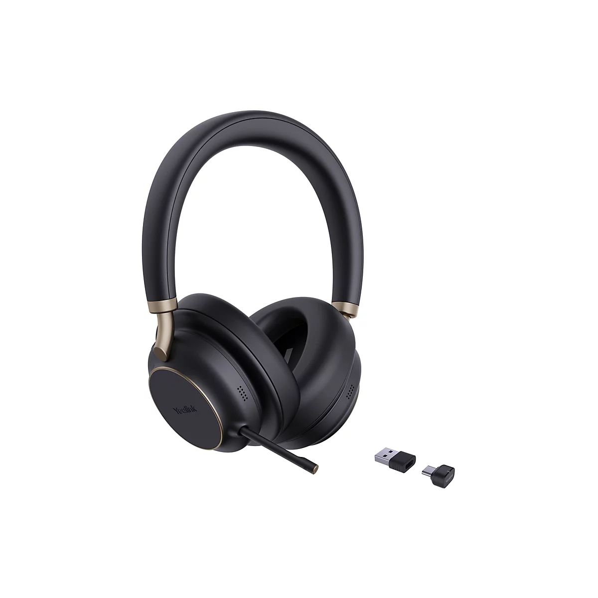 Schwarzes Yealink Headset mit goldfarbenen Akzenten und zwei kleinen USB-Adaptern vor weißem Hintergrund.
