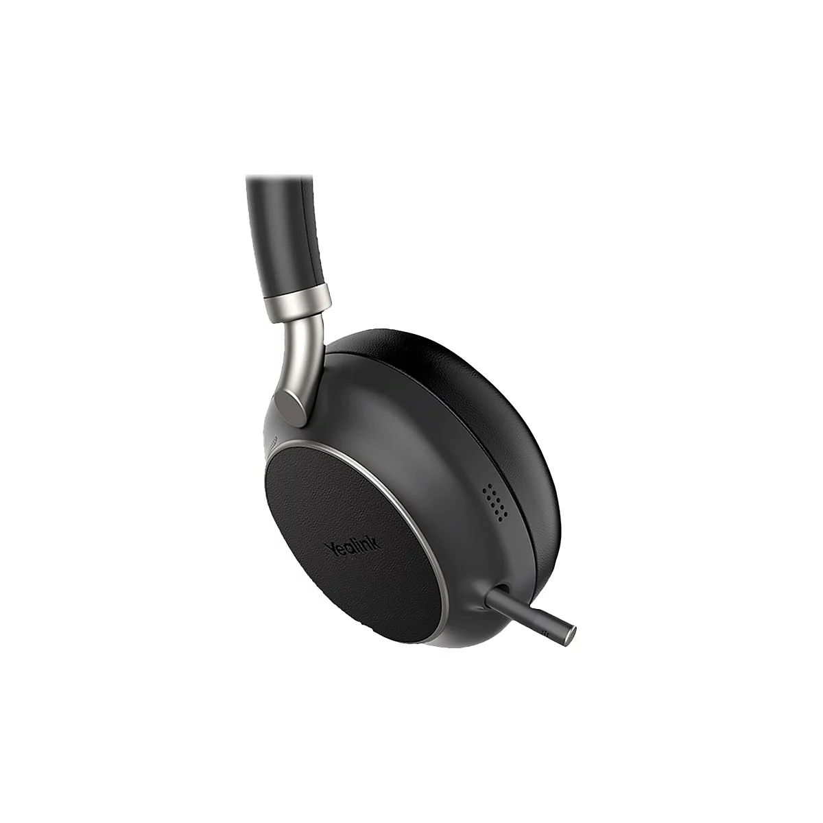 Casque supra-auriculaire noir avec des accents argentés, logo Yealink. Les coussinets et l'arceau sont visibles.