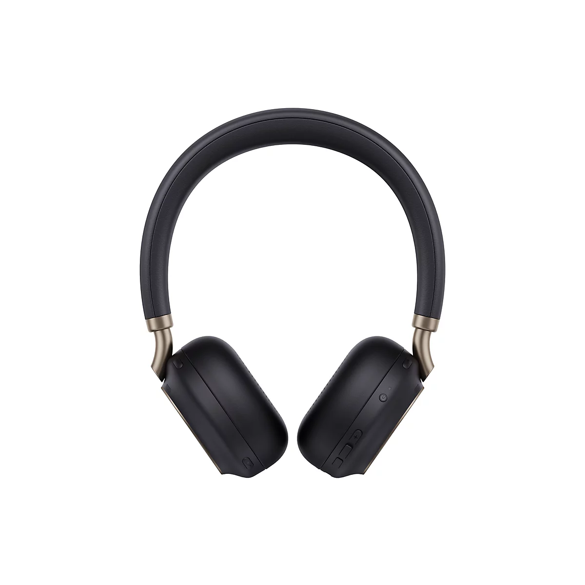 Casque noir avec des touches dorées. L'arceau est noir, les oreillettes sont également noires. Le fond est blanc.