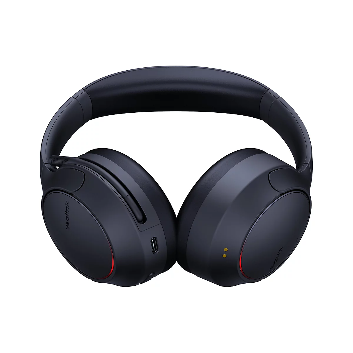 Schwarze kabellose Yealink-Over-Ear-Kopfhörer mit USB-C-Anschluss vor weißem Hintergrund.