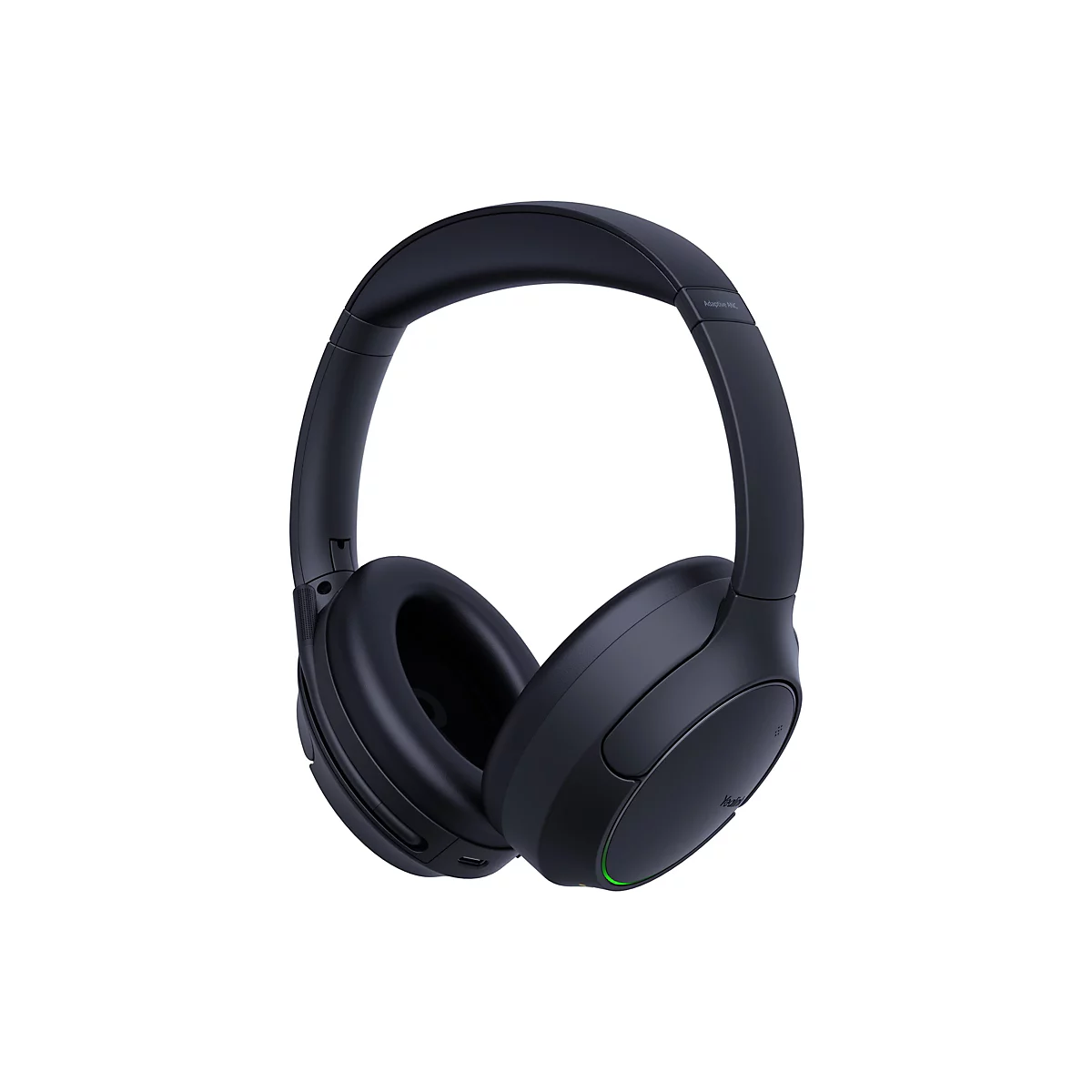 Schwarze kabellose Over-Ear-Kopfhörer mit grünem LED-Licht am Gehäuse vor weißem Hintergrund.