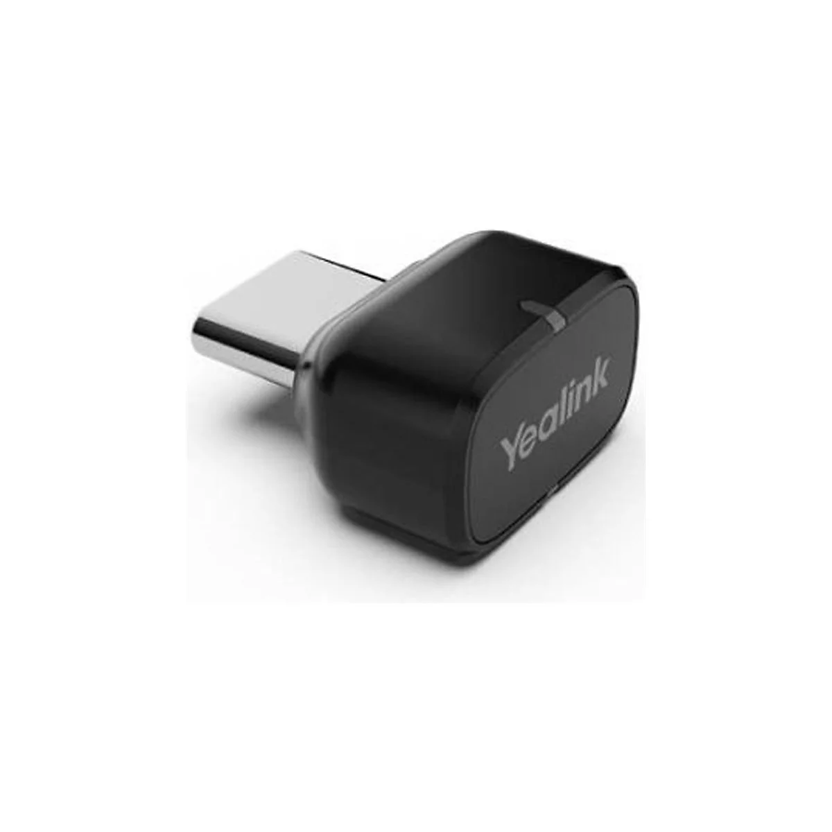 Schwarzer Yealink USB-C Adapter mit silbernem Stecker vor weißem Hintergrund.