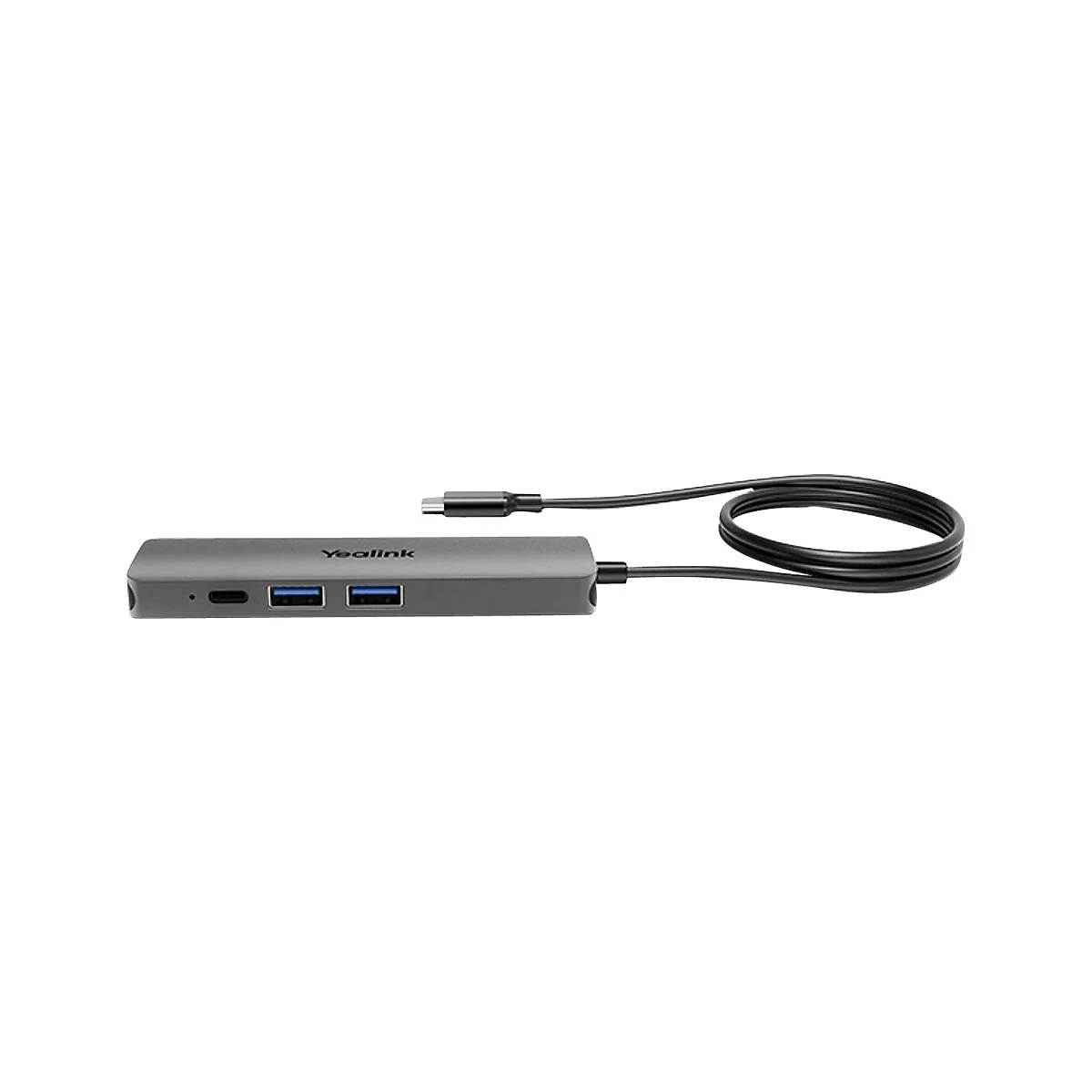 Grauer USB-C-Hub mit zwei USB-AnschlÃ¼ssen, schwarzem Kabel und Typ-C-Stecker. Das Produkt liegt vor weiÃŸem Hintergrund.
