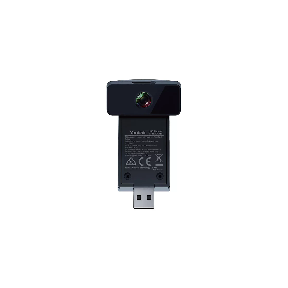Die Rückseite einer schwarzen Yealink CAM50 USB-Kamera mit technischer Beschriftung und USB-Stecker.