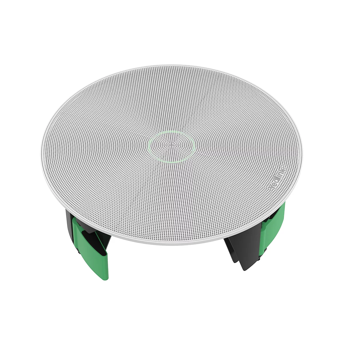 Draufsicht auf einen Deckenlautsprecher mit weißer perforierter Oberfläche und grün-schwarzen Stützen. In der Mitte ist ein grüner Lichtring sichtbar. Schriftzug "Yealink".