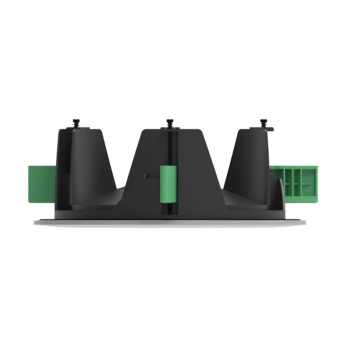 Einbau-Deckenlautsprecher in Seitenansicht mit schwarzem Gehäuse, grünen Befestigungselementen und flacher Blende.