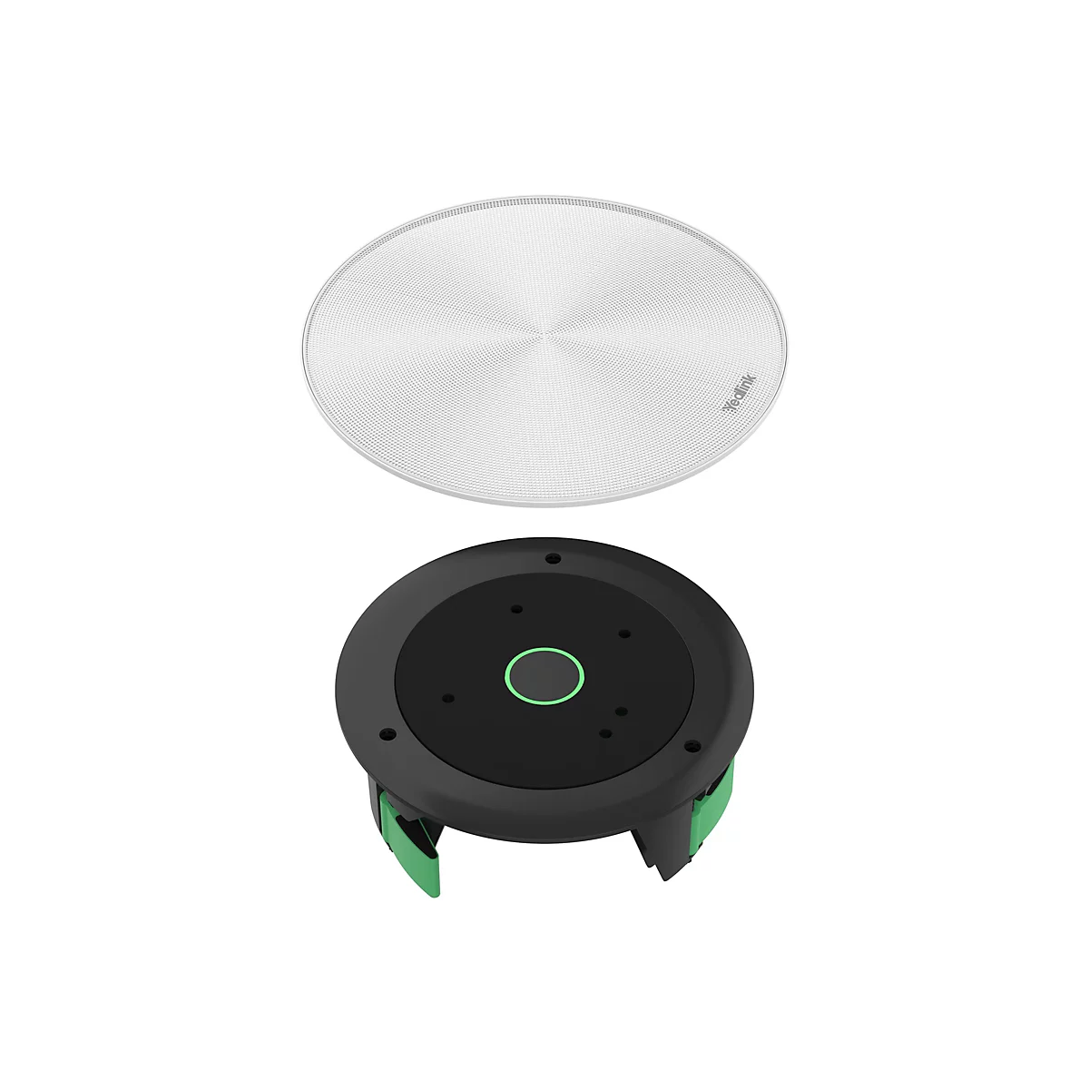 Draufsicht auf einen Deckenlautsprecher mit einem weißen, gelochten Lautsprechergitter und einem schwarzen Gehäuse.
