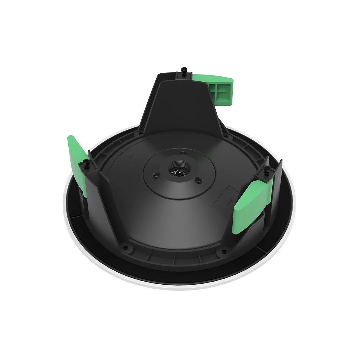 Draufsicht auf ein schwarzes Lautsprechergehäuse mit grünen Halterungen. Der Rand ist weiß. Die Befestigungen sind mit Schrauben gesichert.