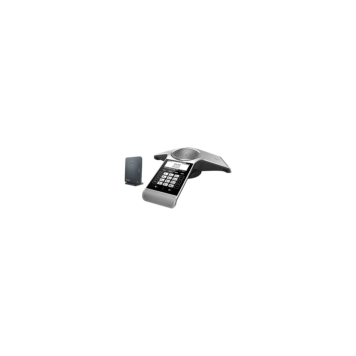 Konferenztelefon mit Touchscreen-Display und Basisstation vor weißem Hintergrund.