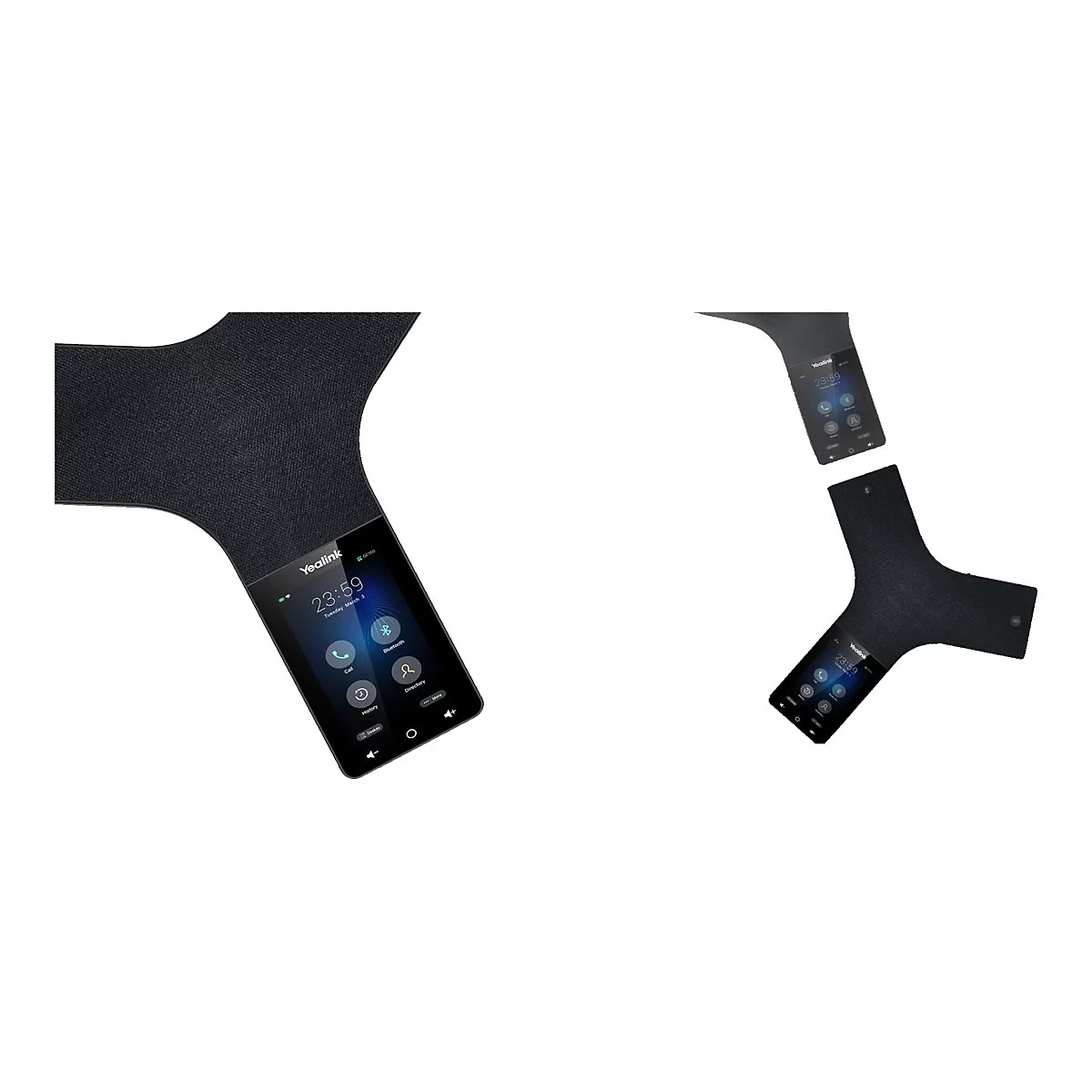 Zwei schwarze sternförmige Yealink Konferenztelefone mit Touchscreen-Display vor weißem Hintergrund.