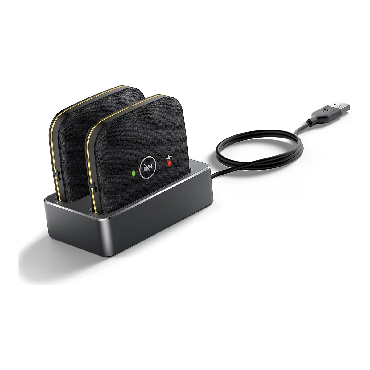 Deux appareils noirs rectangulaires dans une station de charge avec des accents dorés. Un câble USB est connecté.