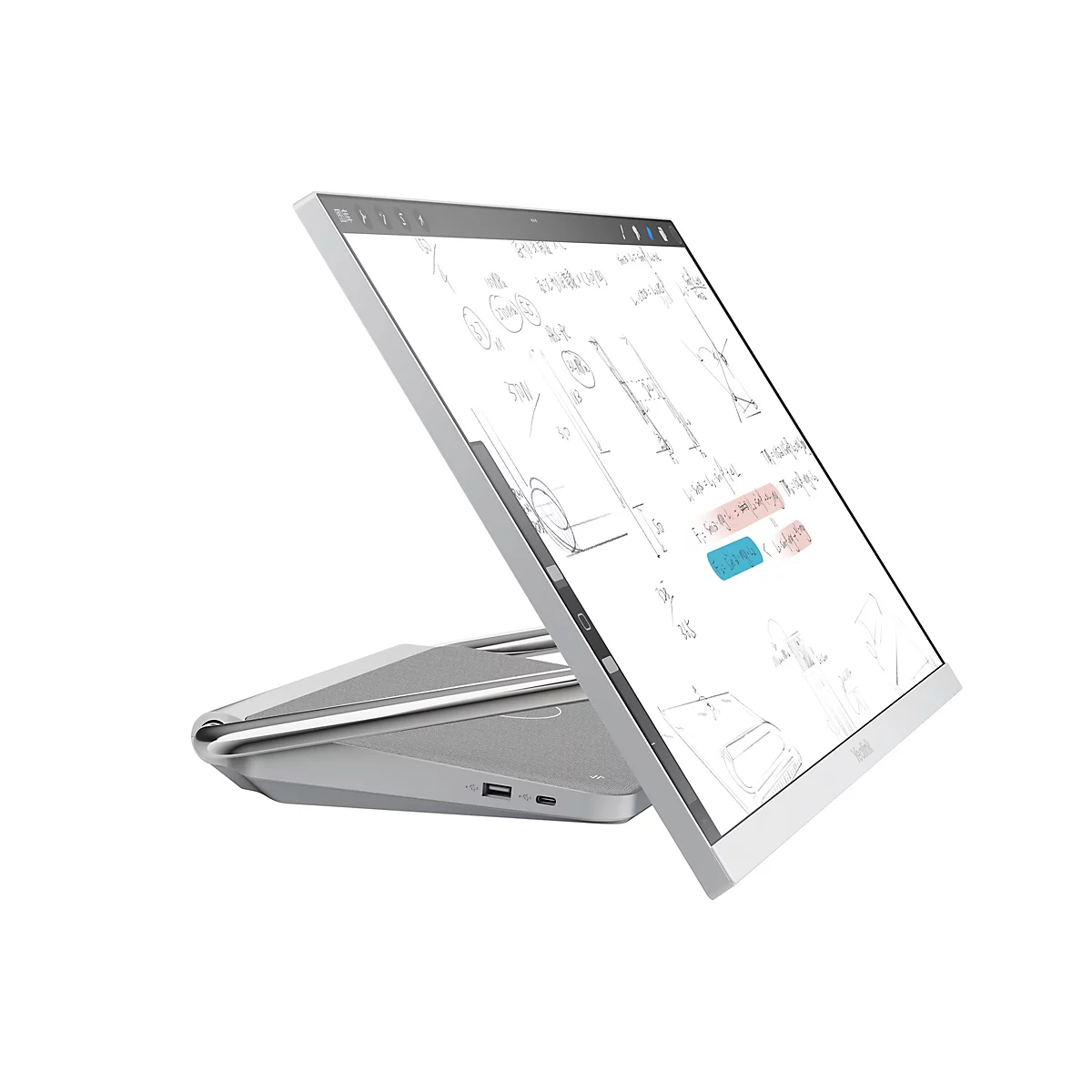 Ein graues, neigbares Tablet mit Notizen und Diagrammen auf dem Bildschirm. Es steht auf einem ebenfalls grauen Unterbau.