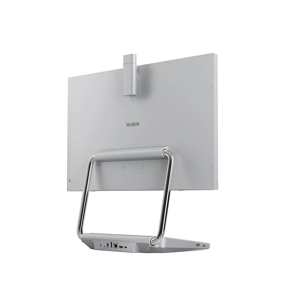 Ein grauer Bildschirm mit einem silberfarbenen Standfuß. Unten sind Anschlüsse, oben die Marke Yealink.