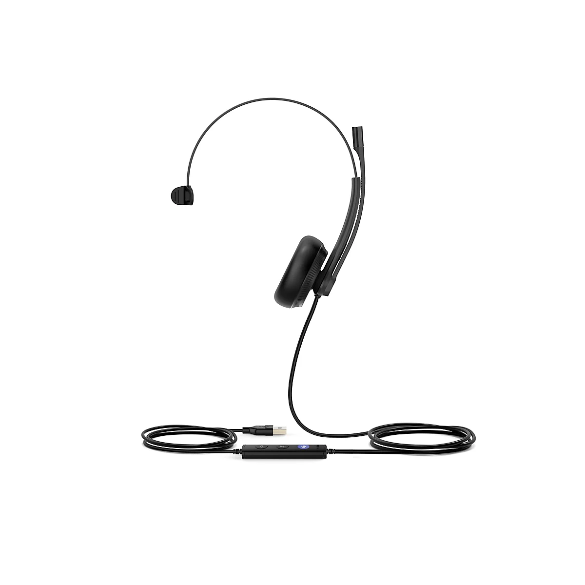 Ein schwarzes Headset mit Mikrofon auf weißem Hintergrund, mit USB-Anschluss und Bedienelementen.