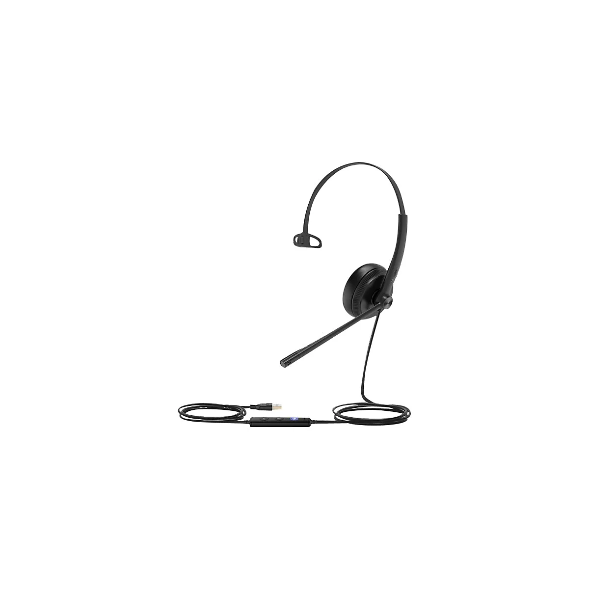 Schwarzes Headset mit Mikrofon. Das Headset hat einen gepolsterten Kopfhörer und einen verstellbaren Mikrofonarm mit USB-Anschluss.
