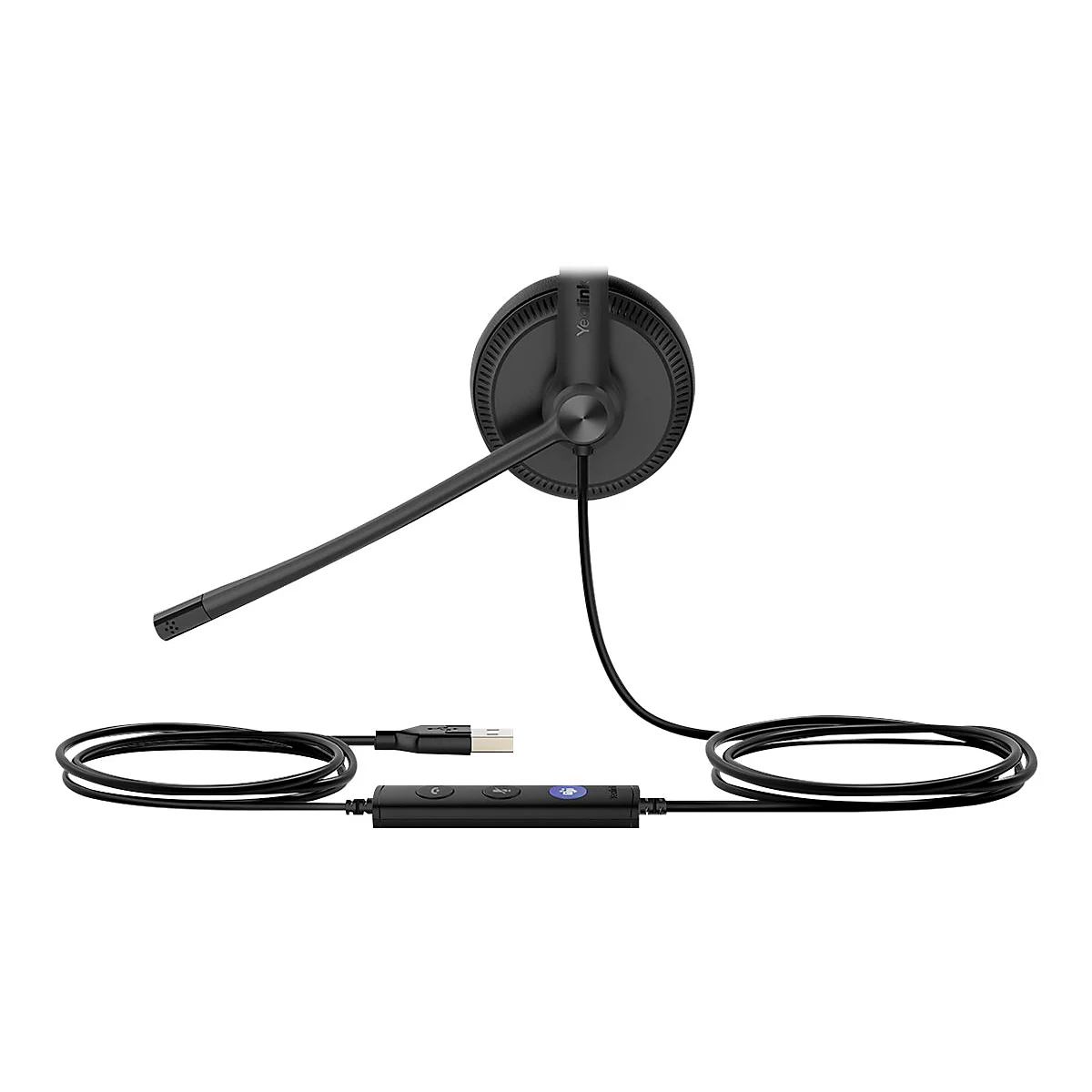 Schwarzes Headset mit Mikrofon und USB-Kabel, freigestellt auf weißem Hintergrund.