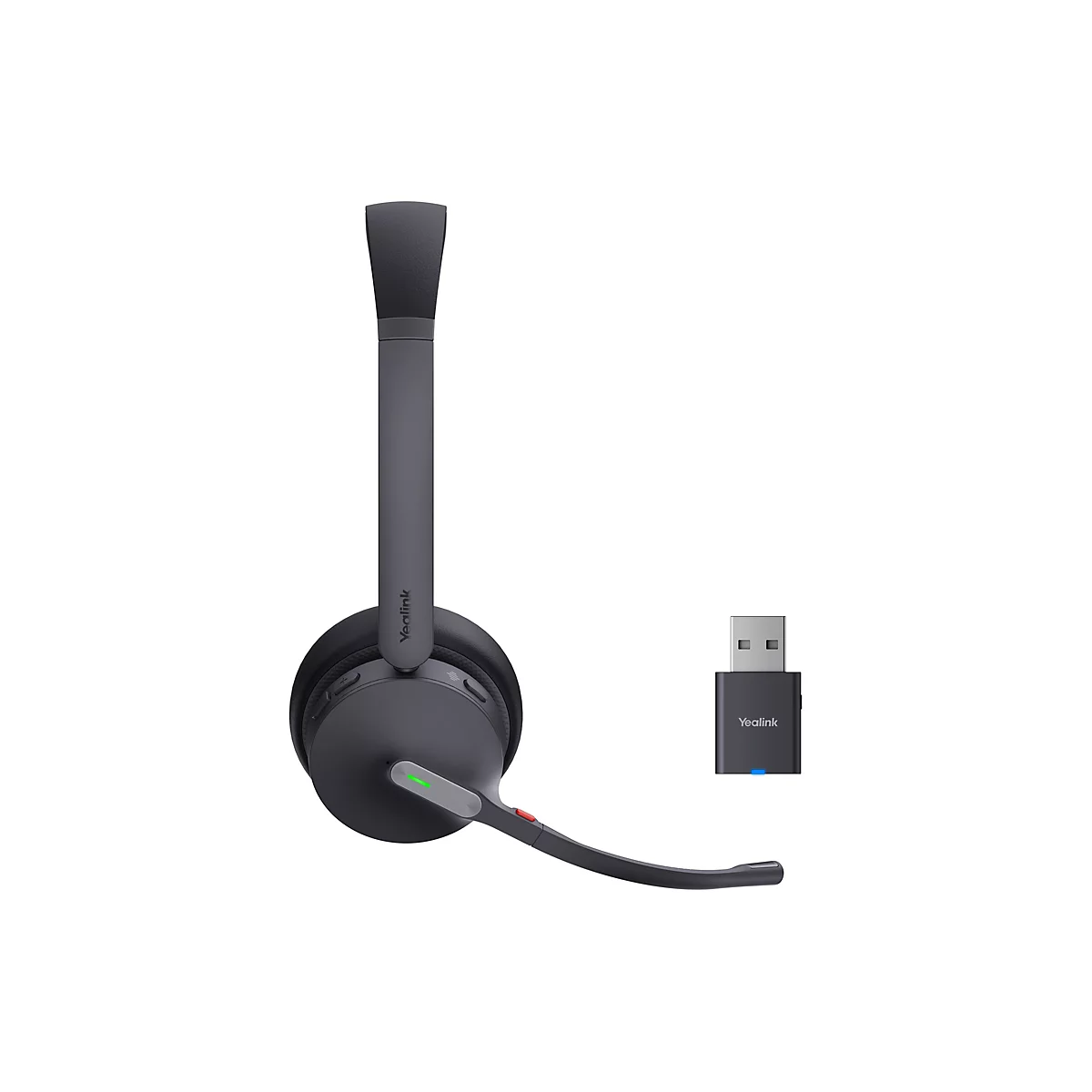 Drahtloses Headset und USB-Dongle. Das Headset ist dunkelgrau, hat einen Bügel und ein Mikrofon. Der Dongle trägt den Namen "Yealink".