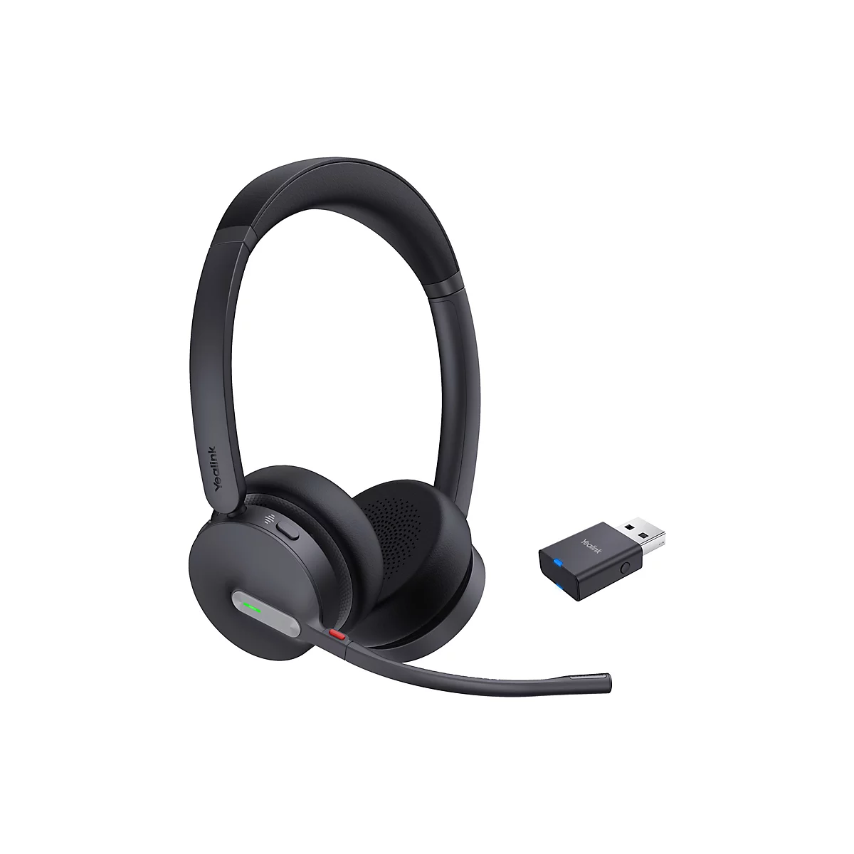 Drahtloses Headset in Anthrazit, inkl. USB-Dongle. Am Headset ist der Name "Yealink" zu sehen.
