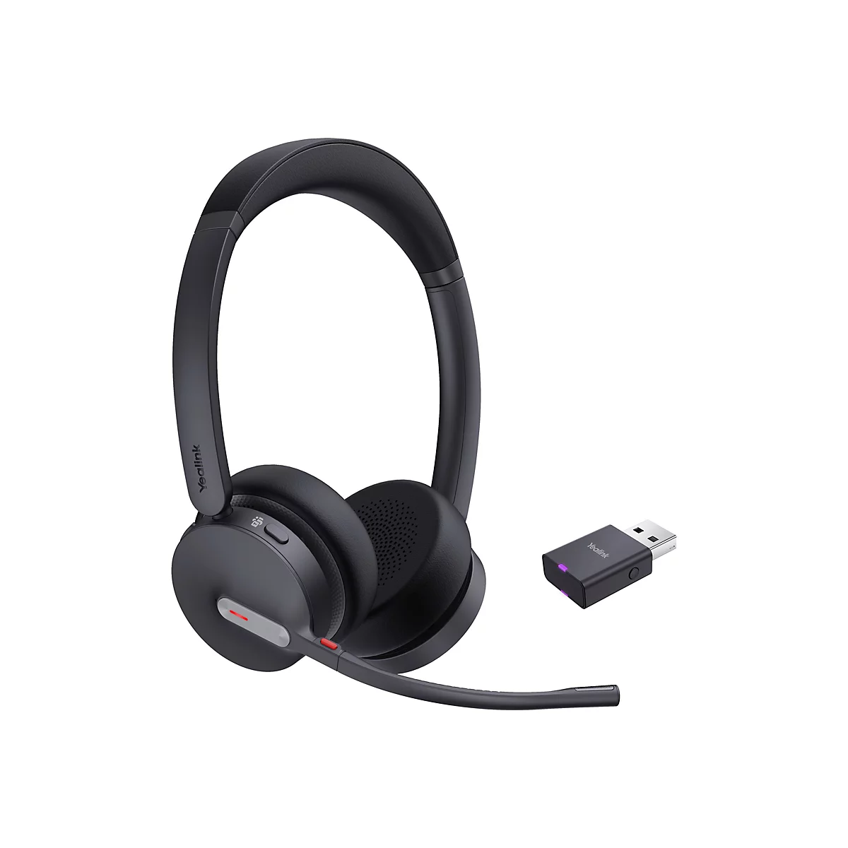 Drahtloses Headset und USB-Dongle auf weißem Hintergrund. Das Headset ist schwarz mit Yealink-Logo und Mikrofon. Der USB-Dongle ist ebenfalls schwarz und hat ein lila Licht.