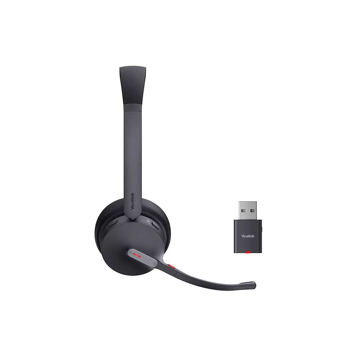 Drahtloses Headset und USB-Dongle auf weißem Hintergrund. Das Headset ist grau mit einem Mikrofonarm. Der Dongle ist ebenfalls grau, mit roter LED und Logo.