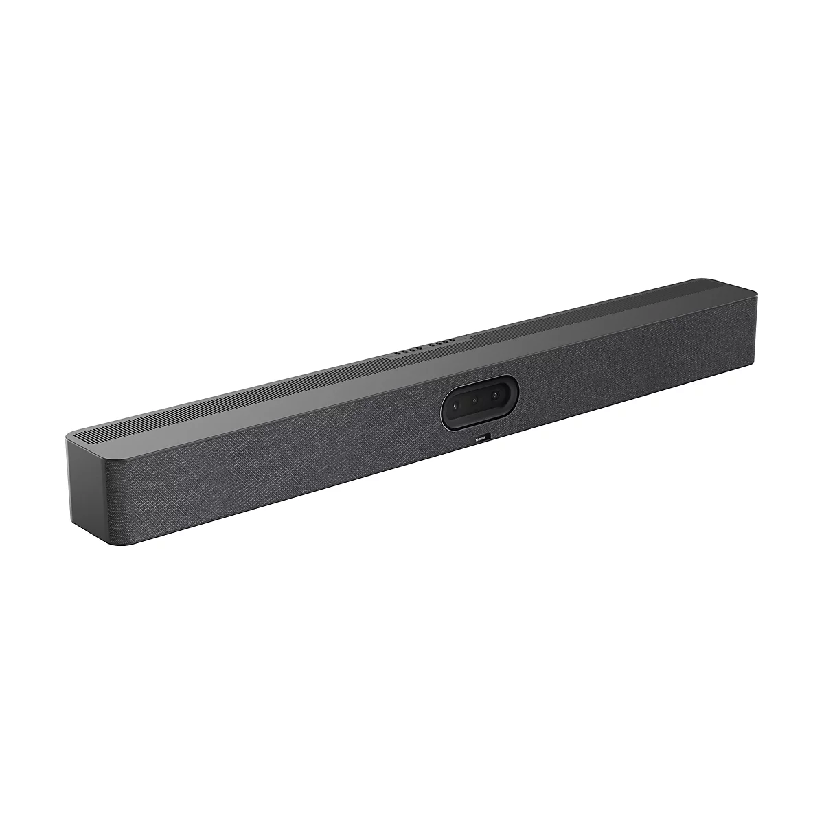 Ein schwarzes Soundbar-Lautsprechersystem, leicht schräg von vorne aufgenommen. In der Mitte befindet sich eine Kamera mit dem Logo 'Yealink'.