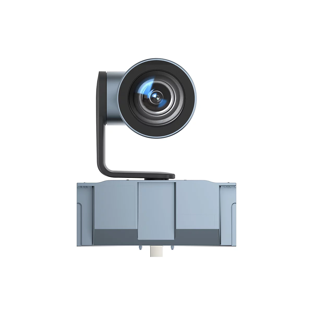 Webcam in Hellblau, mit groÃŸem Objektiv. Unterhalb ein grauer Quader, der Sockel.