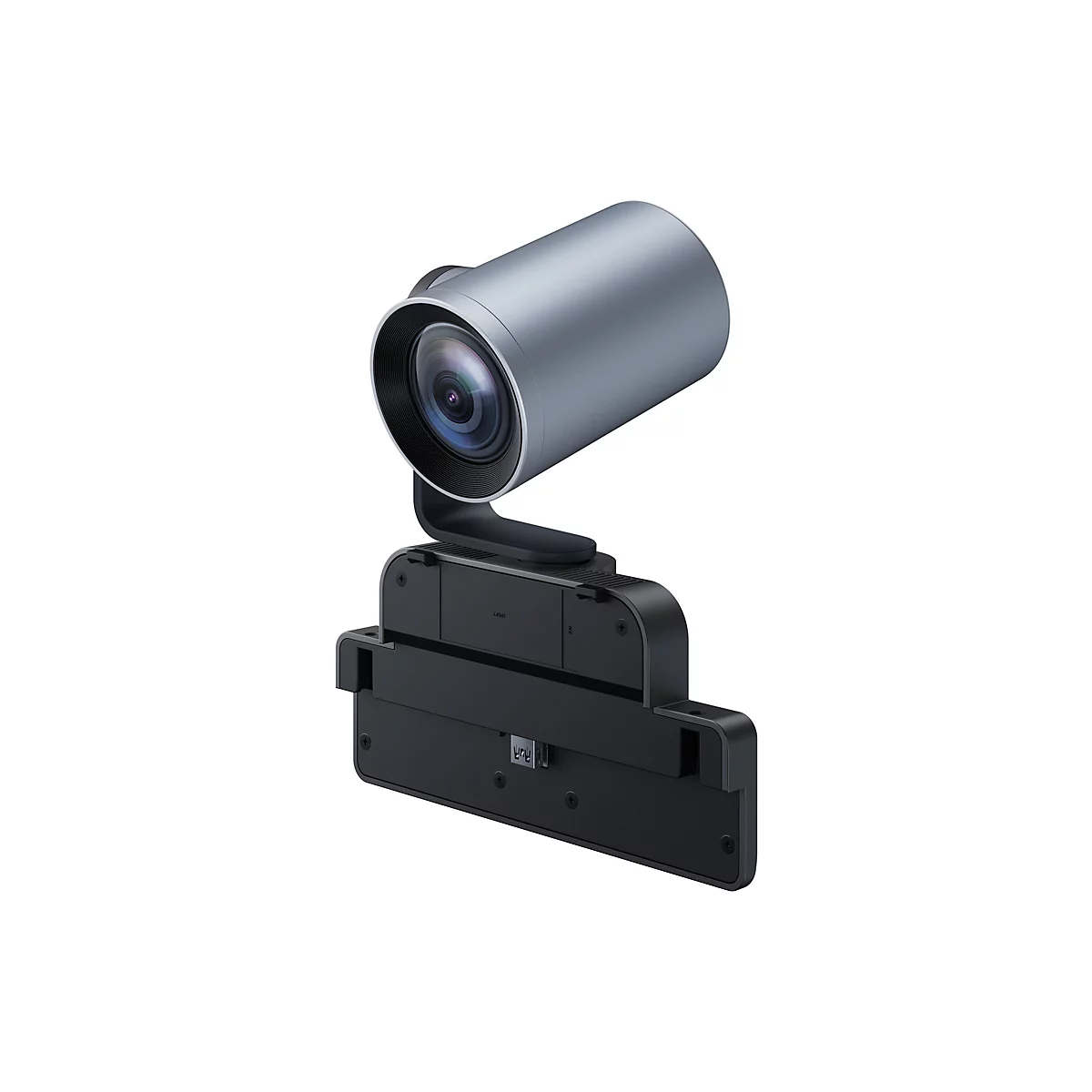 Webcam auf weißem Hintergrund. Sie hat einen silberfarbenen zylindrischen Kopf mit Objektiv und eine schwarze Basis.
