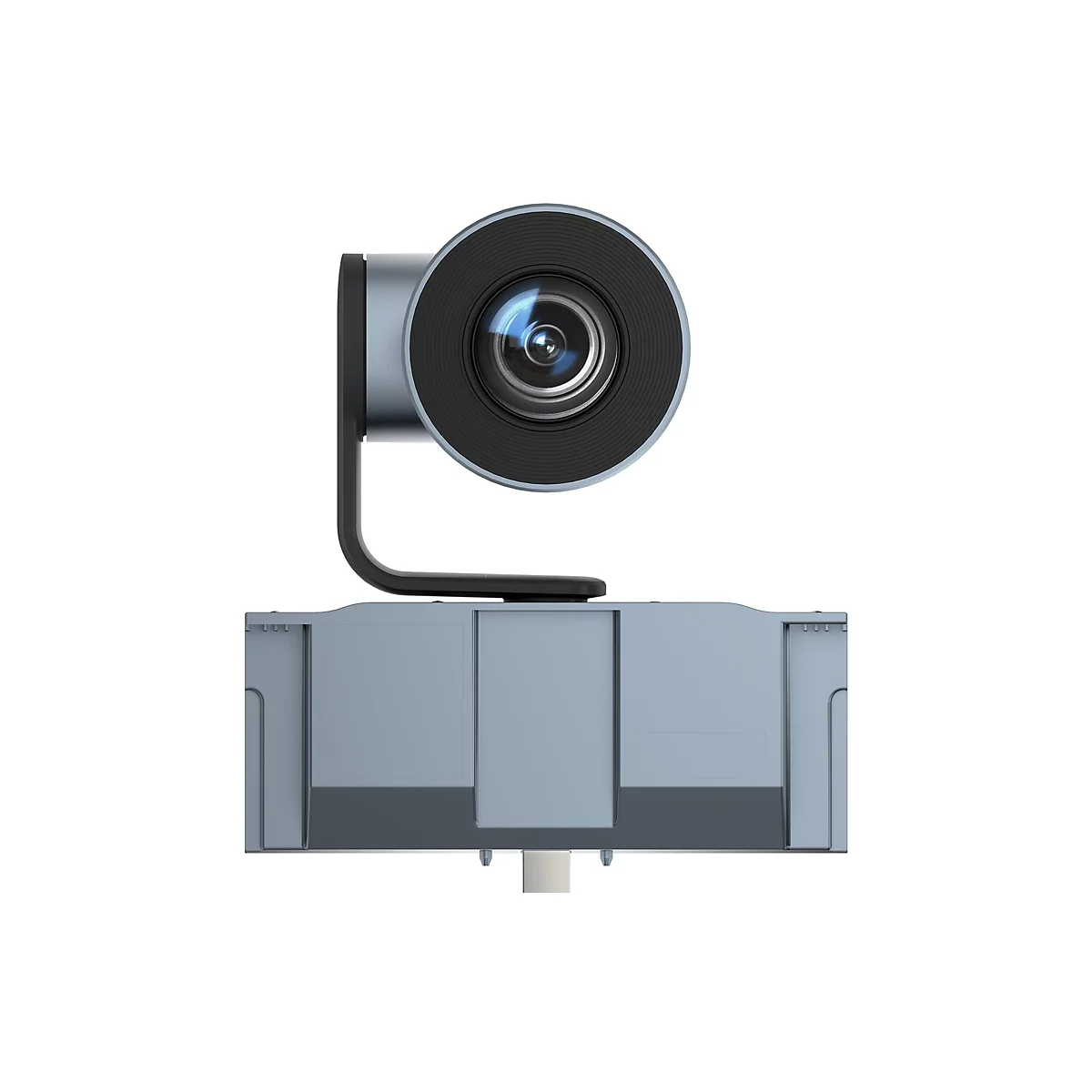 Eine Videokonferenzkamera mit rundem Objektiv und grauem Gehäuse, das auf einem rechteckigen Sockel steht.