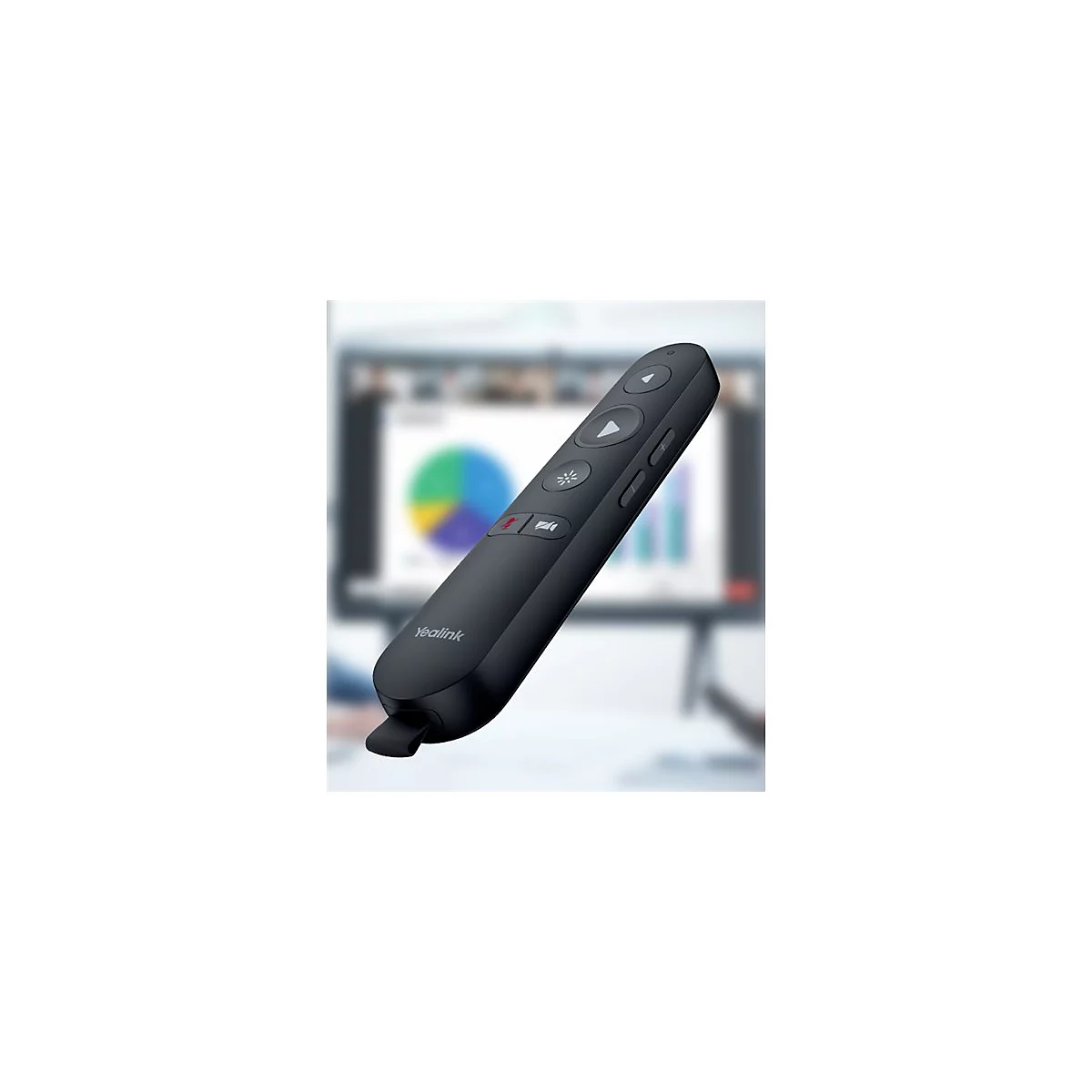 Schwarzer Präsentations-Laserpointer, vor unscharfem Büro-Hintergrund, mit Yealink-Logo.