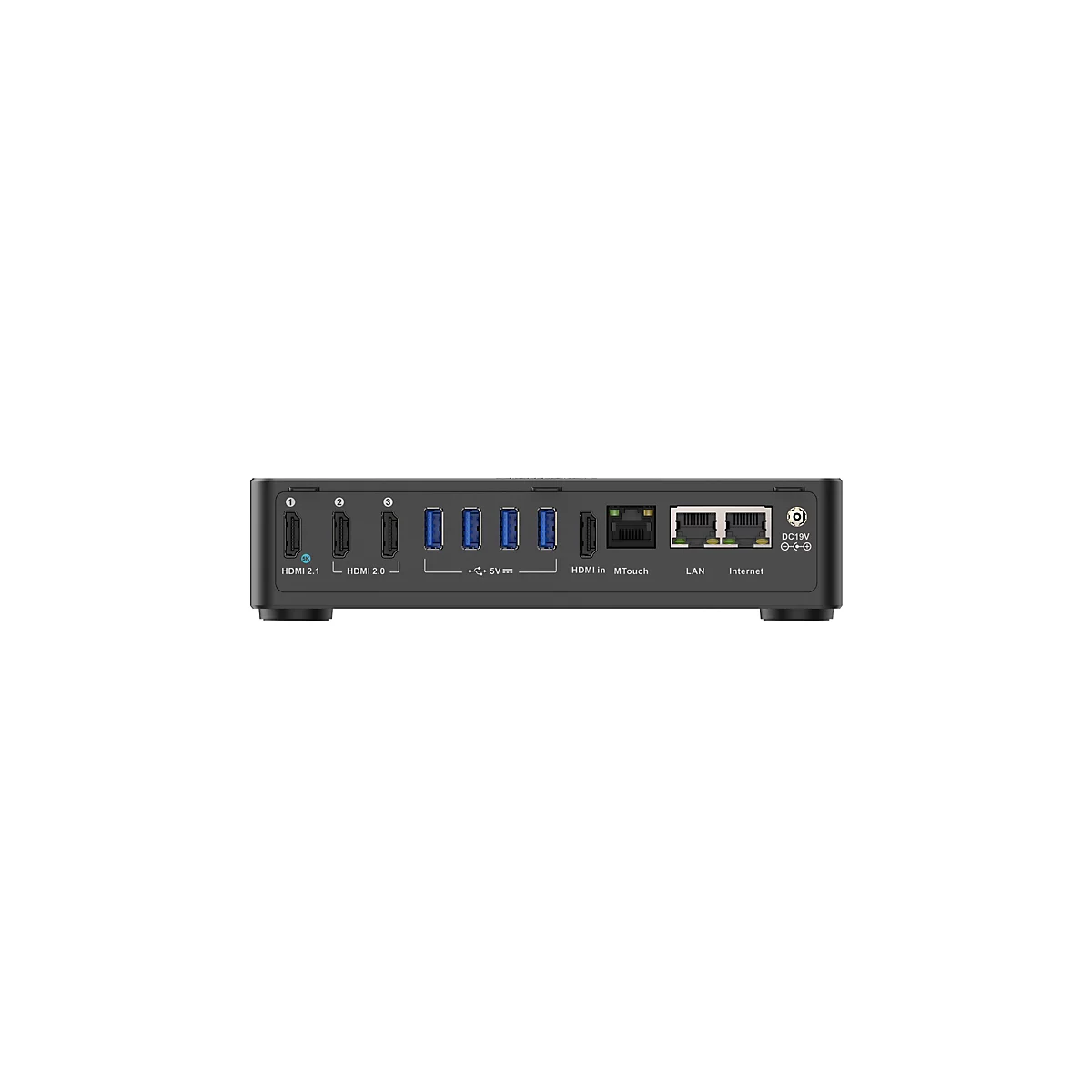 Ein schwarzes, rechteckiges Gerät mit verschiedenen Anschlüssen: HDMI, USB, LAN und Stromanschluss. Die Beschriftung umfasst 'HDMI 2.1', 'HDMI 2.0', '5V', 'HDMI in', 'LAN', 'Internet', und 'DC19V'.