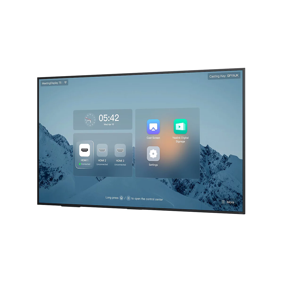 Un grand écran affiche une interface utilisateur avec l'heure, la date et des icônes d'applications pour Cast Screen et Yealink Digital Signage. Le port HDMI 1 est connecté.