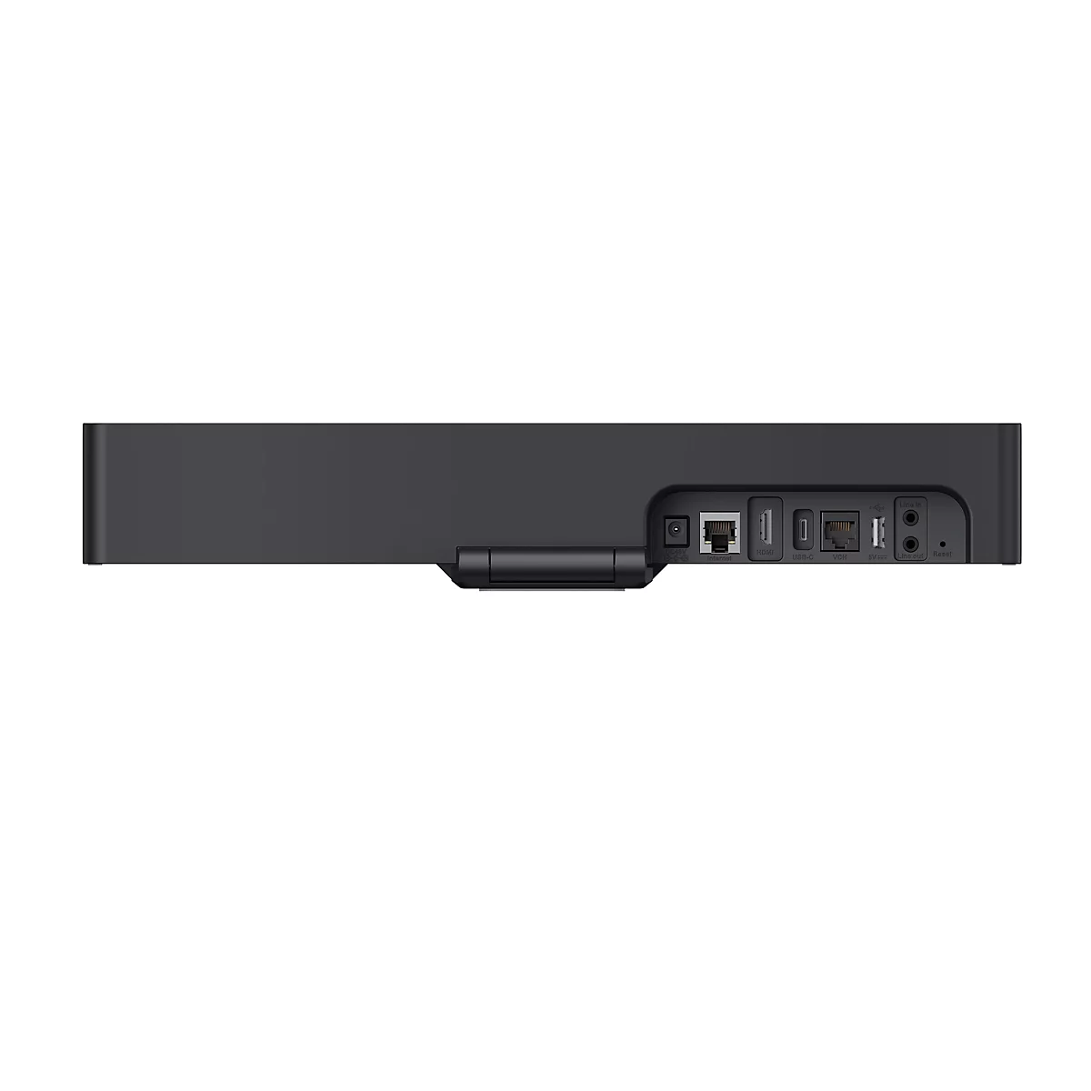 Rückseite einer schwarzen Soundbar mit verschiedenen Anschlüssen, wie HDMI, USB-C und Ethernet. Auf weißem Hintergrund.