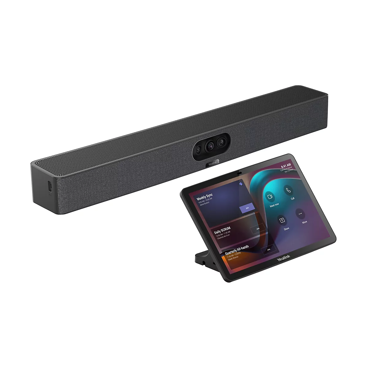 Ein graues Konferenzsystem mit integrierter Kamera und einem Tablet mit Meeting-Informationen.