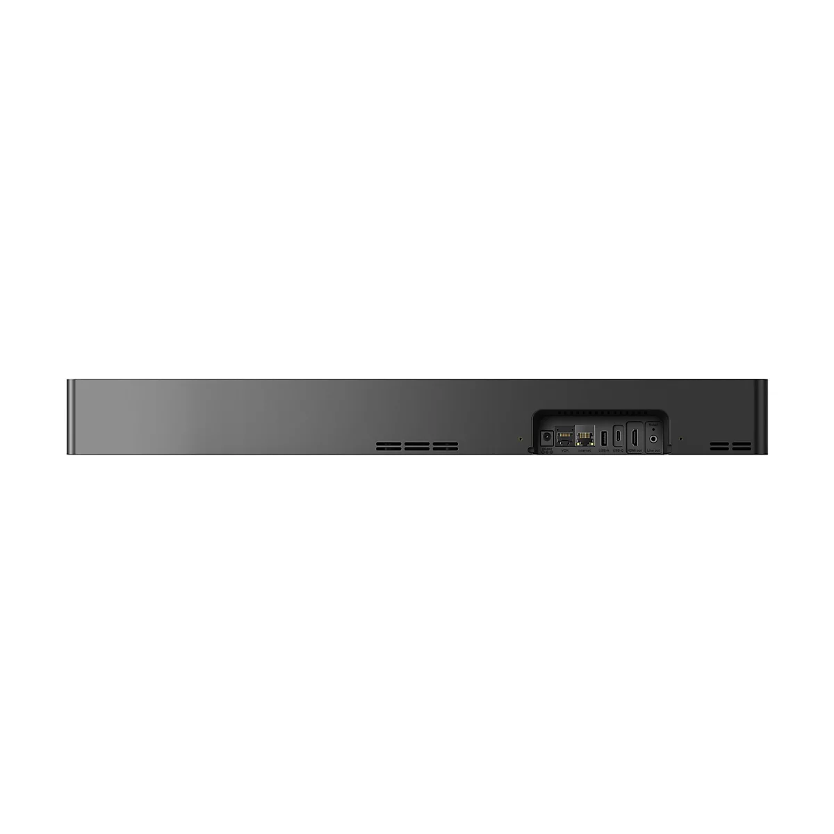 Rückansicht einer Soundbar. Dunkelgraues Gehäuse mit Anschlüssen, darunter HDMI, USB-A und USB-C.