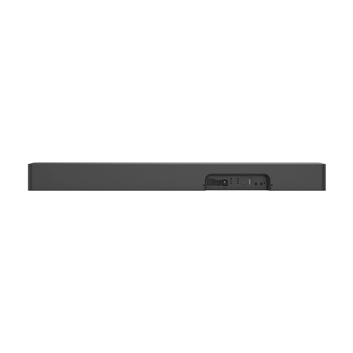 Dunkelgraue Soundbar vor weißem Hintergrund. Rückseite mit Anschlüssen für HDMI, USB, etc.
